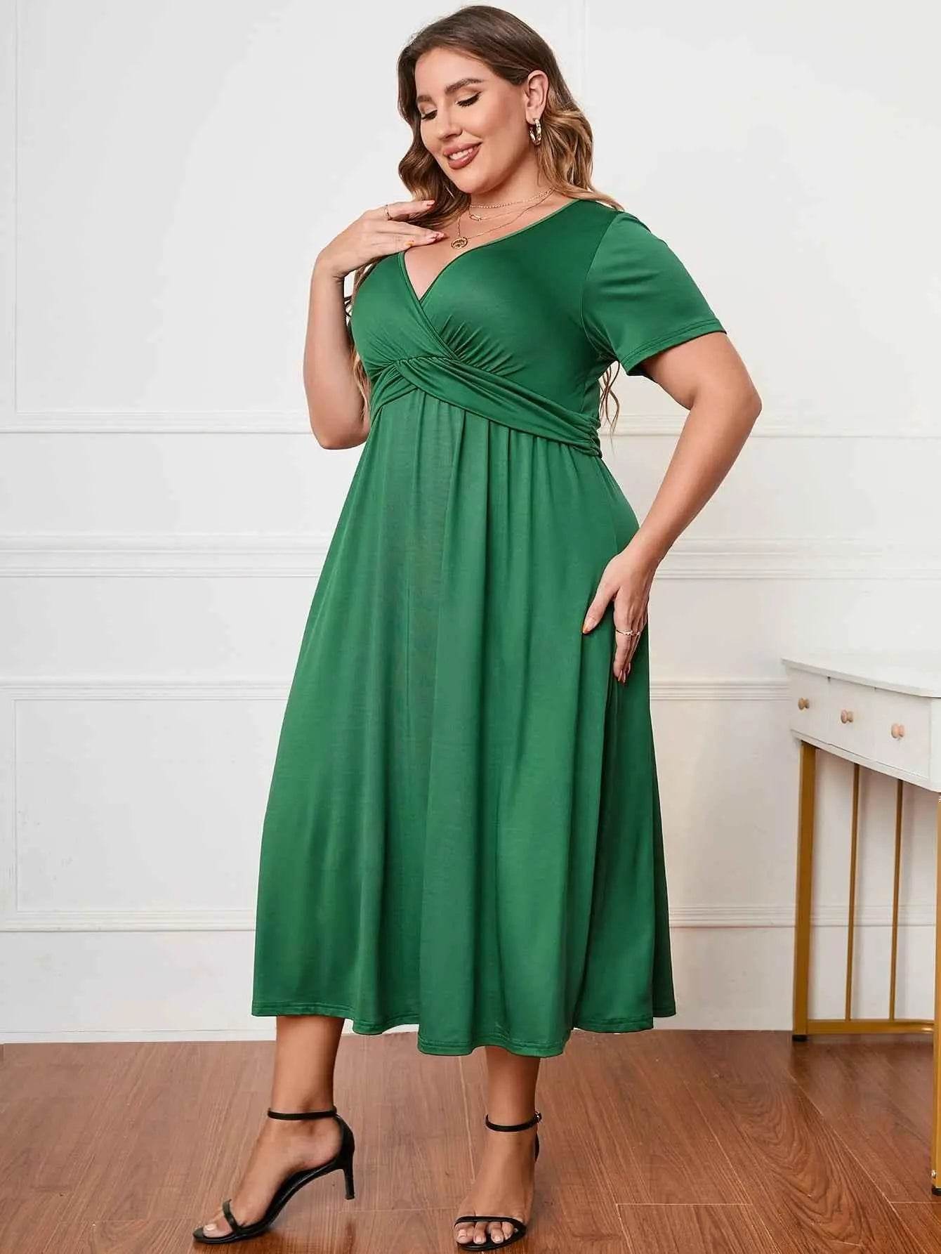 Honey Plus Size Short Sleeve Surplice Neck Midi Dress - GiFTiFY