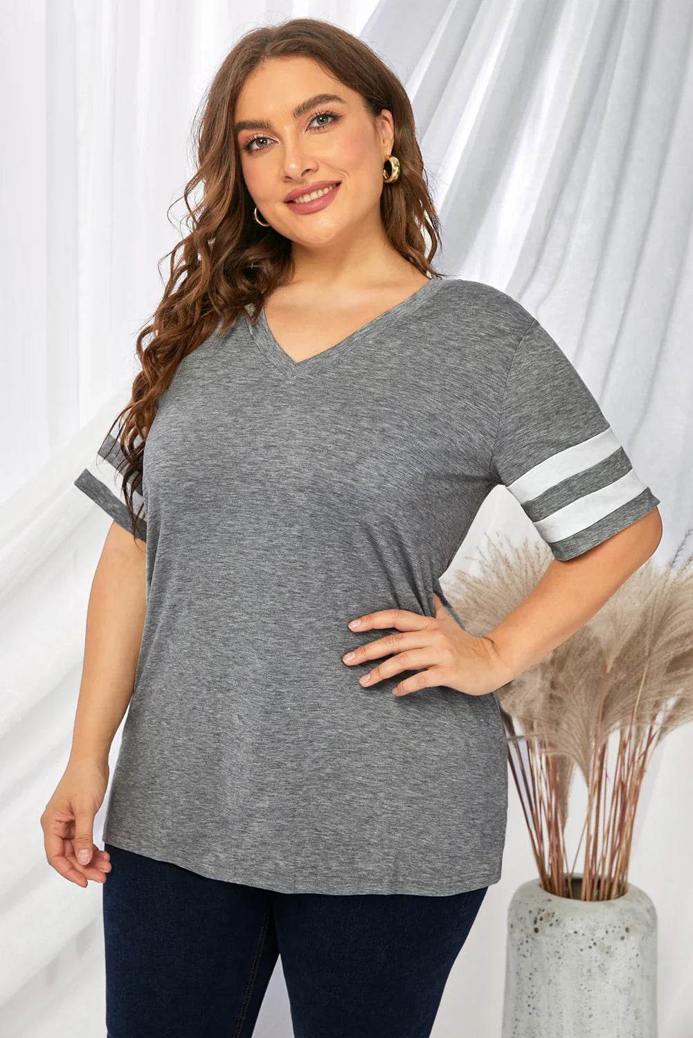 Plus Size Striped V-Neck Tee Shirt - GiFTiFY