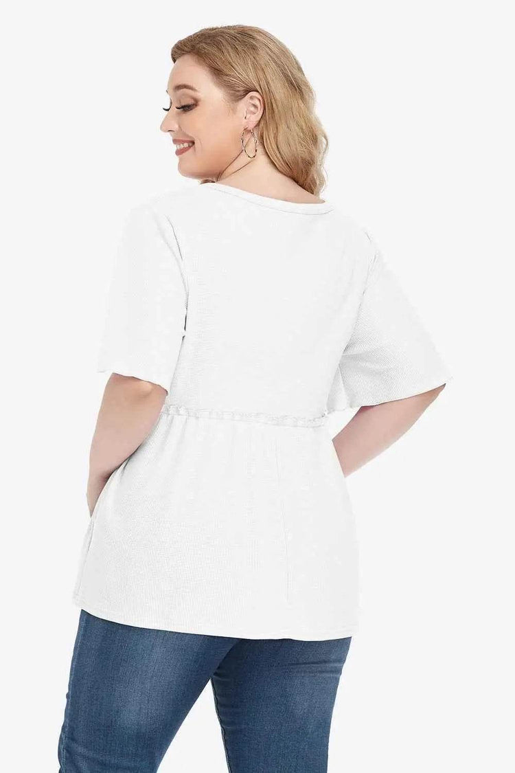 Plus Size Buttoned V-Neck Frill Trim Babydoll Blouse - GiFTiFY