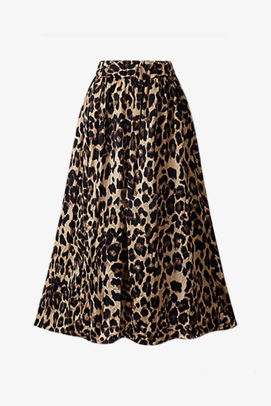 Plus Size Leopard Elastic Waist Midi Skirt - GiFTiFY