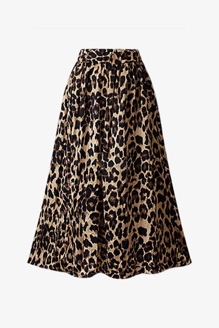 Plus Size Leopard Elastic Waist Midi Skirt - GiFTiFY