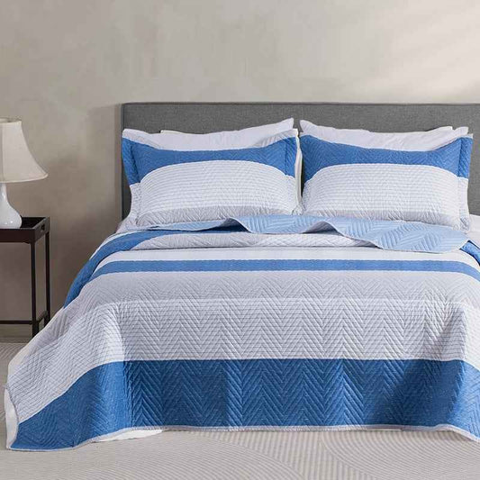Kasentex Lightweight Reversible Stripe Quilt Set Bedding- Sky Blue and Ivory White, Room Decor, Graduation Gifts, Father's Day Gift