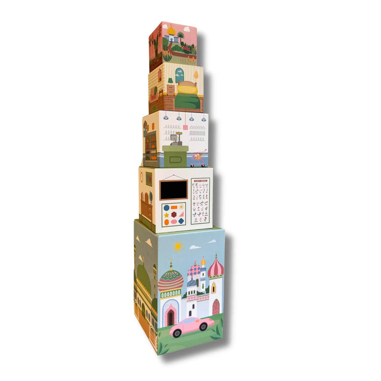 Stacking Houses (Set of 5 Houses and 3 Hardwood Characters) - GiFTiFY