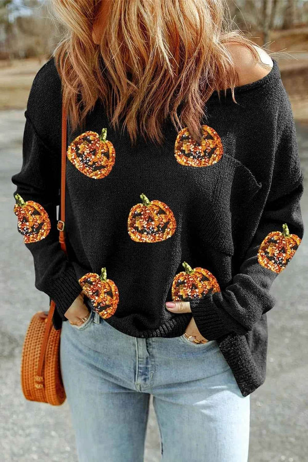 Pumpkin Round Neck Long Sleeve Knit Top - GiFTiFY