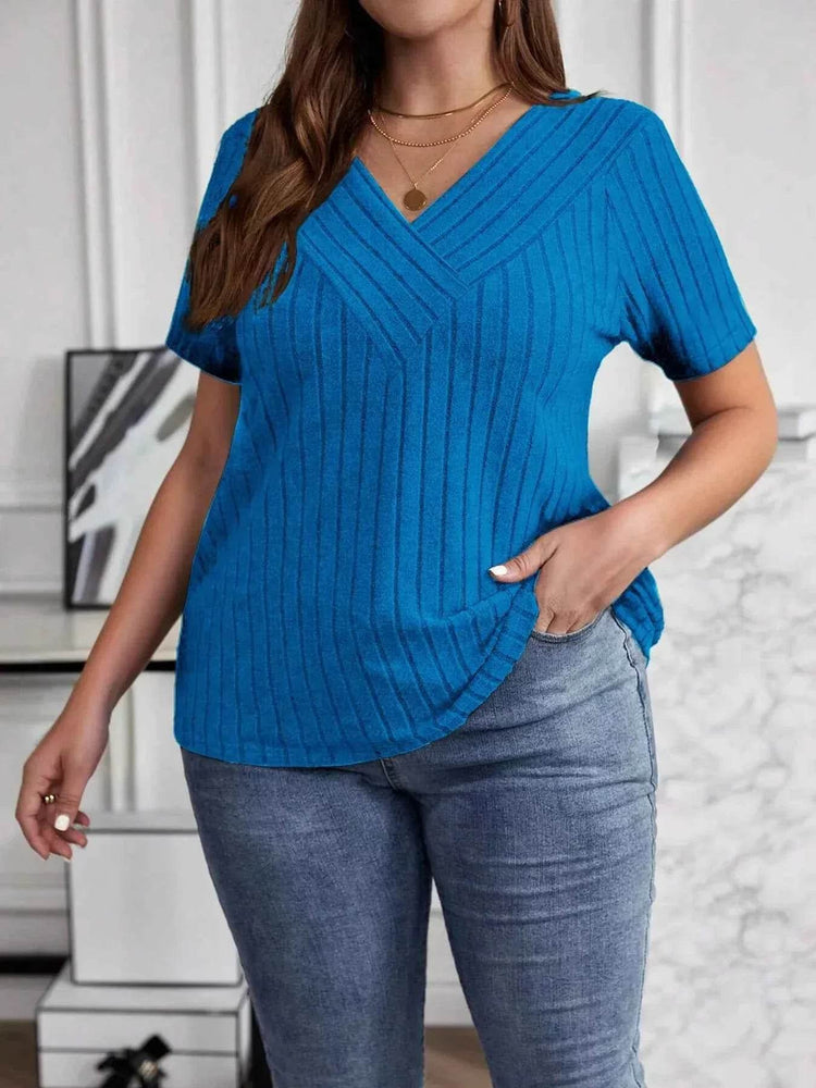 Plus Size V-Neck Short Sleeve Ribbed T-Shirt - GiFTiFY