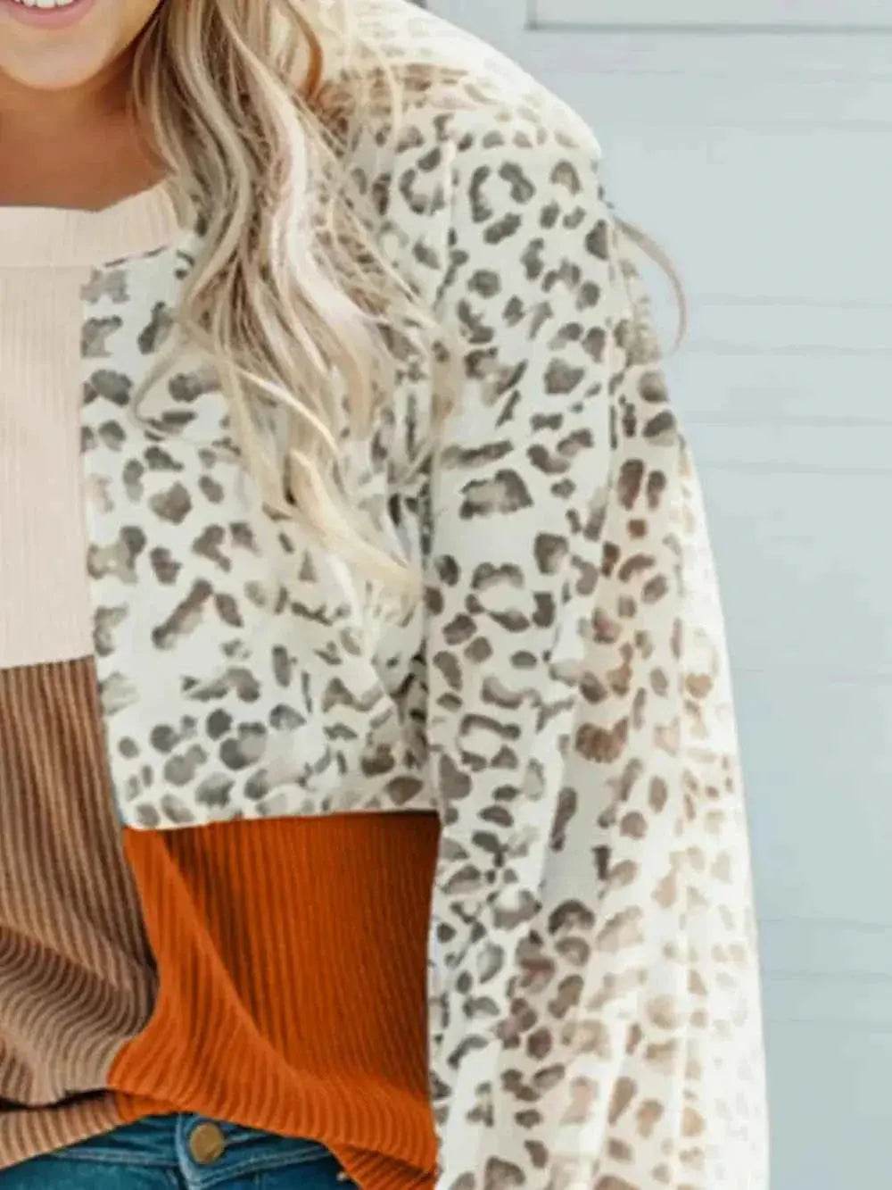 Plus Size Color Block Leopard Round Neck Top - GiFTiFY