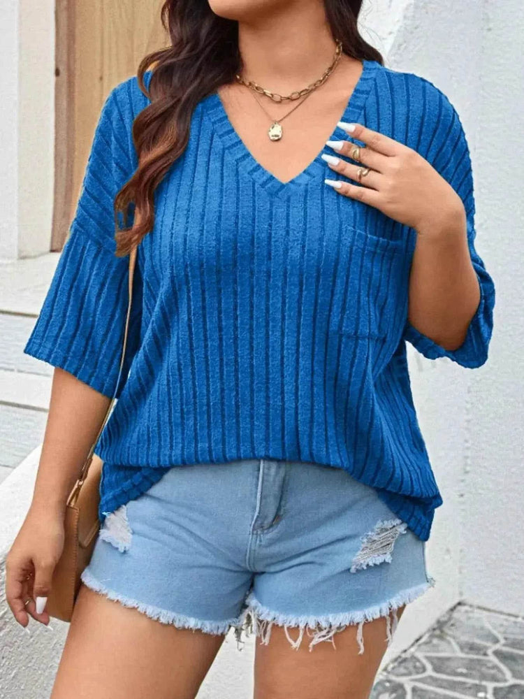 Plus Size V-Neck Ribbed Knit T-Shirt - GiFTiFY