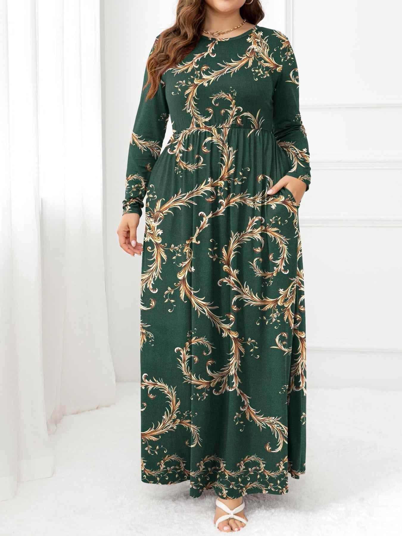 Plus Size Round Neck Maxi Dress with Pockets - GiFTiFY