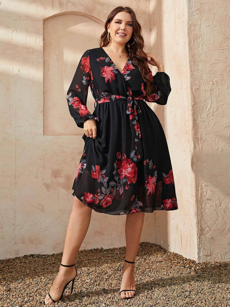 Honey Plus Size Floral Surplice Neck Tie Waist Dress - GiFTiFY