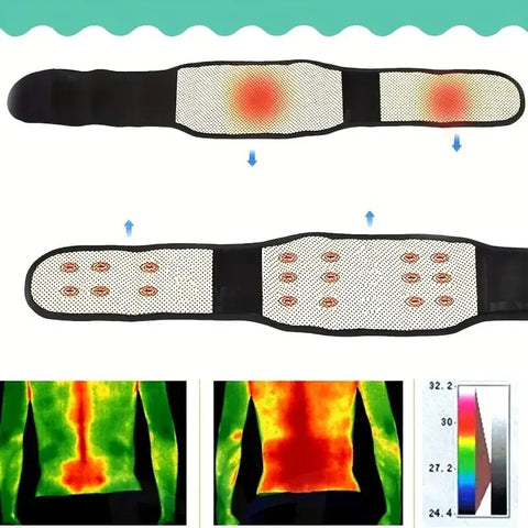 Image of adjustable self-heating magnetic therapy back support belt with thermal zones for enhanced relaxation and pain relief.