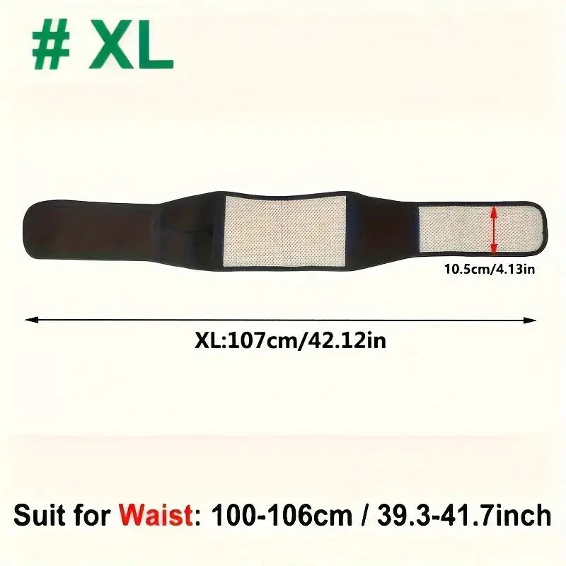 XL Adjustable Self-heating Magnetic Therapy Back and Waist Support Belt, measuring 107cm for waist sizes 100-106cm.