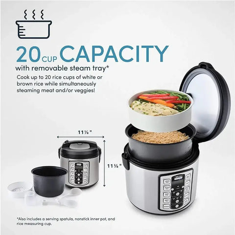 20-Cup (Cooked) / 5Qt. Digital Rice & Grain Multicooker Food Steamer Slow Grain Cooker Stainless Exterior/Nonstick Pot
