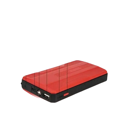 Red and black portable power bank with labeled features.