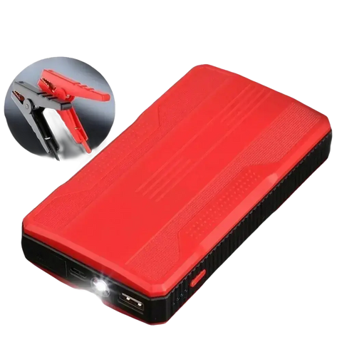 Red and black battery jump starter with USB charging.