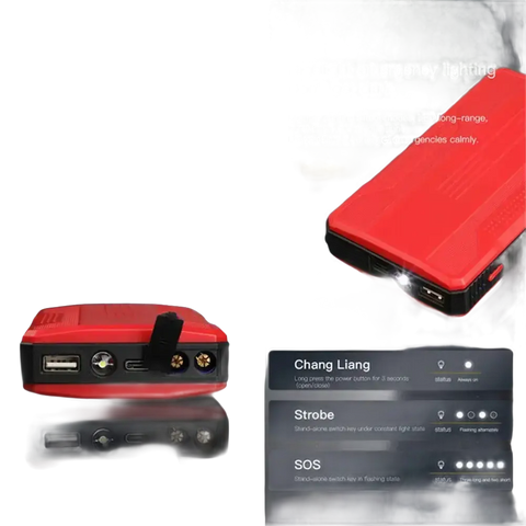 Red emergency power bank with flashlight.