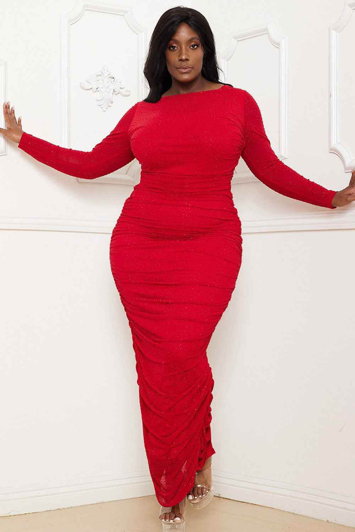 Rhinestone Mesh Pleated Plus Size Maxi Dress - Red - GiFTiFY