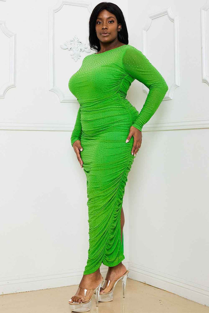 Rhinestone Mesh Pleated Plus Size Maxi Dress - Green - GiFTiFY