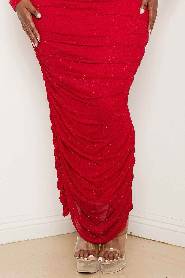 Rhinestone Mesh Pleated Plus Size Maxi Dress - Red - GiFTiFY
