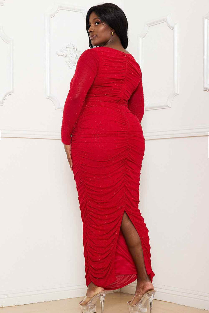 Rhinestone Mesh Pleated Plus Size Maxi Dress - Red - GiFTiFY