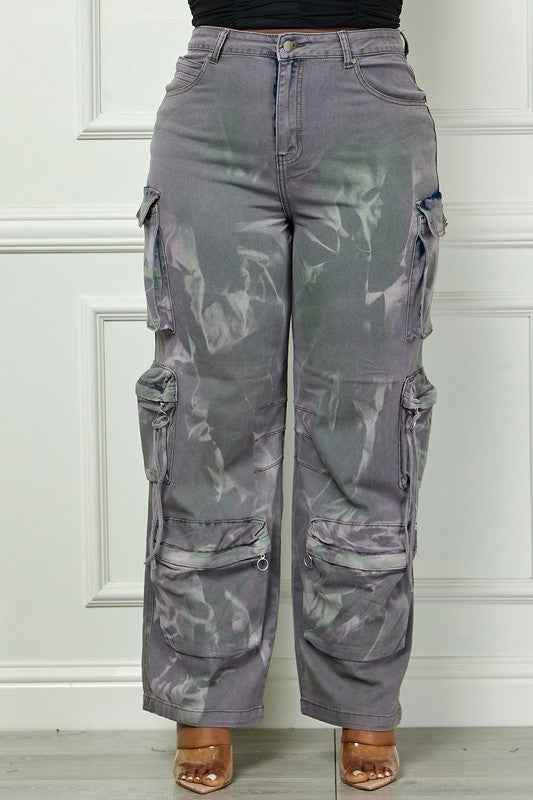 Time to Shine Grey Acid Wash High Waisted Cargo Plus Size Pants - GiFTiFY