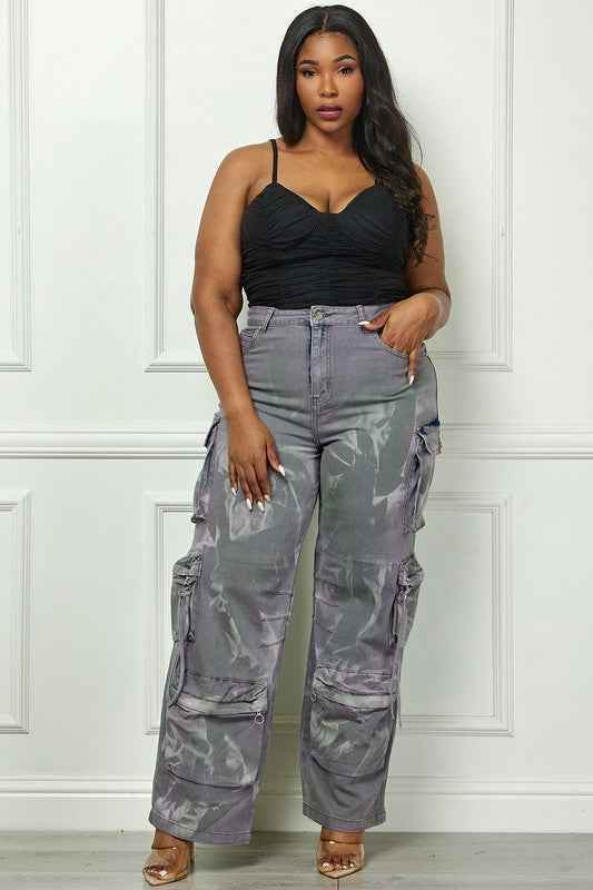 Time to Shine Grey Acid Wash High Waisted Cargo Plus Size Pants - GiFTiFY