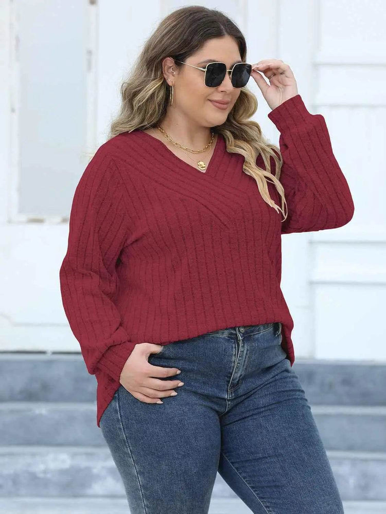 Plus Size Ribbed V-Neck Long Sleeve Top - GiFTiFY