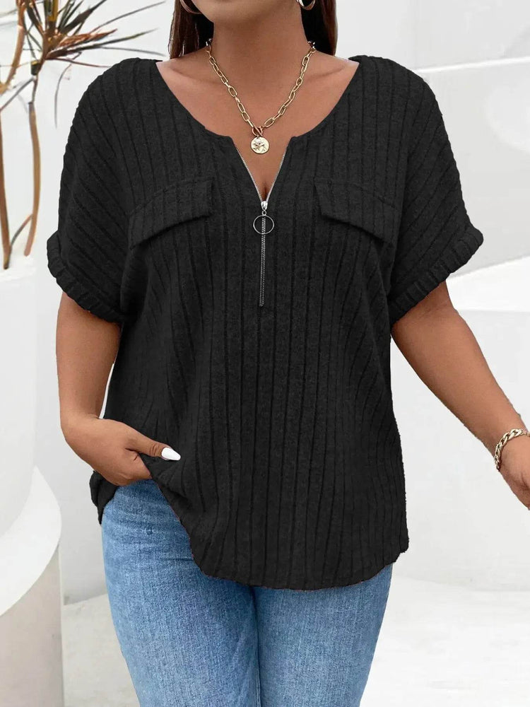 Plus Size Ribbed Half Zip Relaxed Fit T-Shirt - GiFTiFY