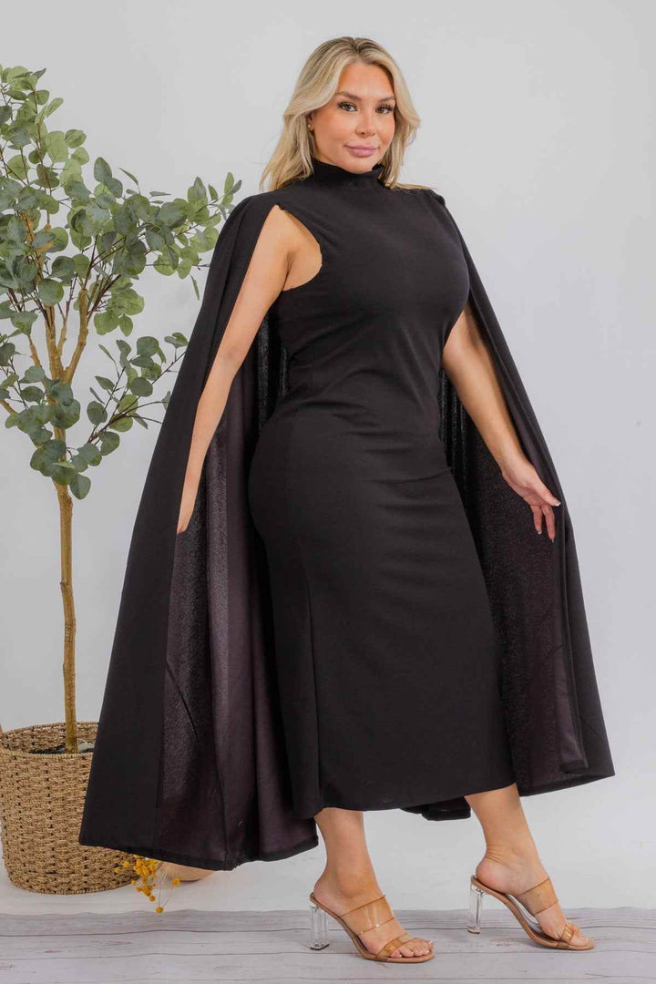 The Stella Cape Plus Size Midi Dress - Black - GiFTiFY