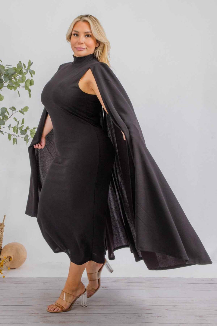 The Stella Cape Plus Size Midi Dress - Black - GiFTiFY