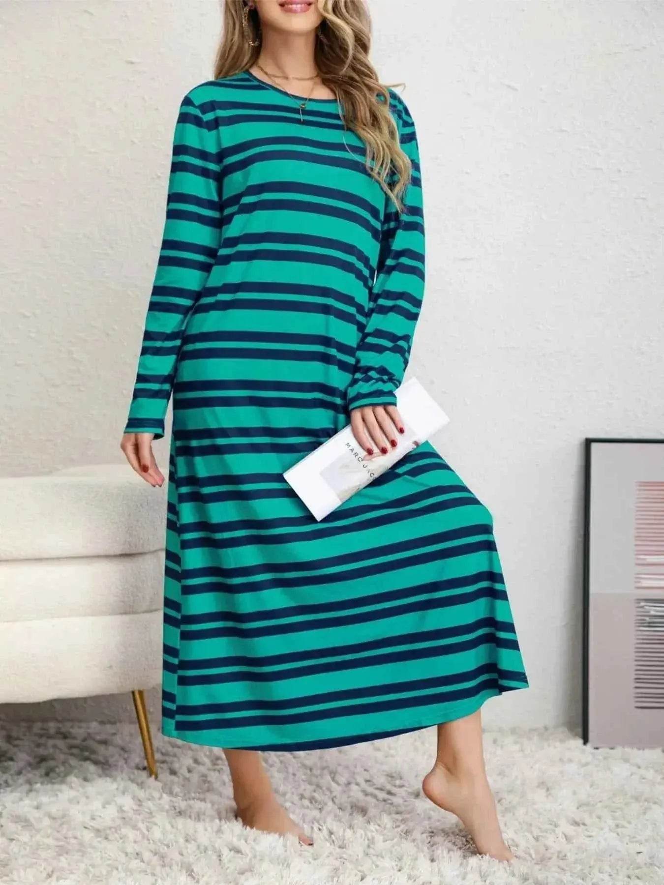 Plus Size Striped Round Neck Long Sleeve Tee Dress - GiFTiFY
