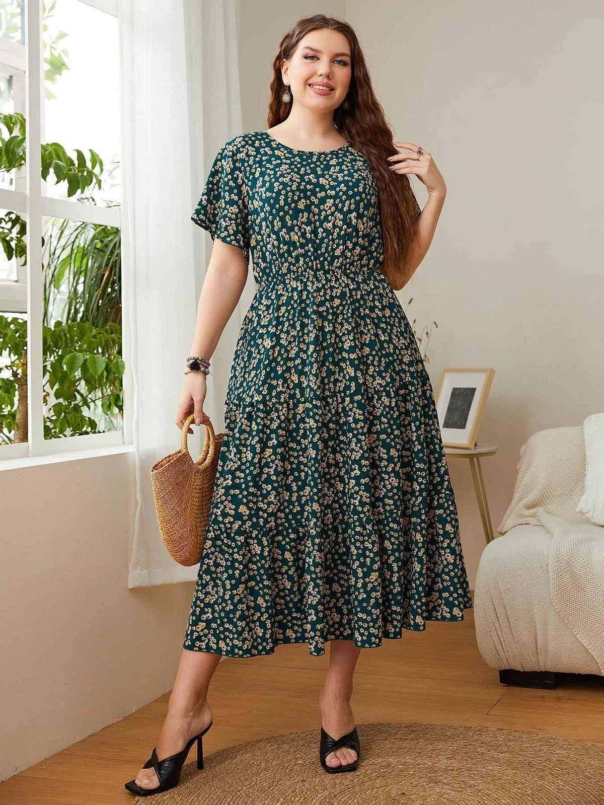 Honey Plus Size Floral Round Neck Short Sleeve Midi Dress women Attire by Trendsi