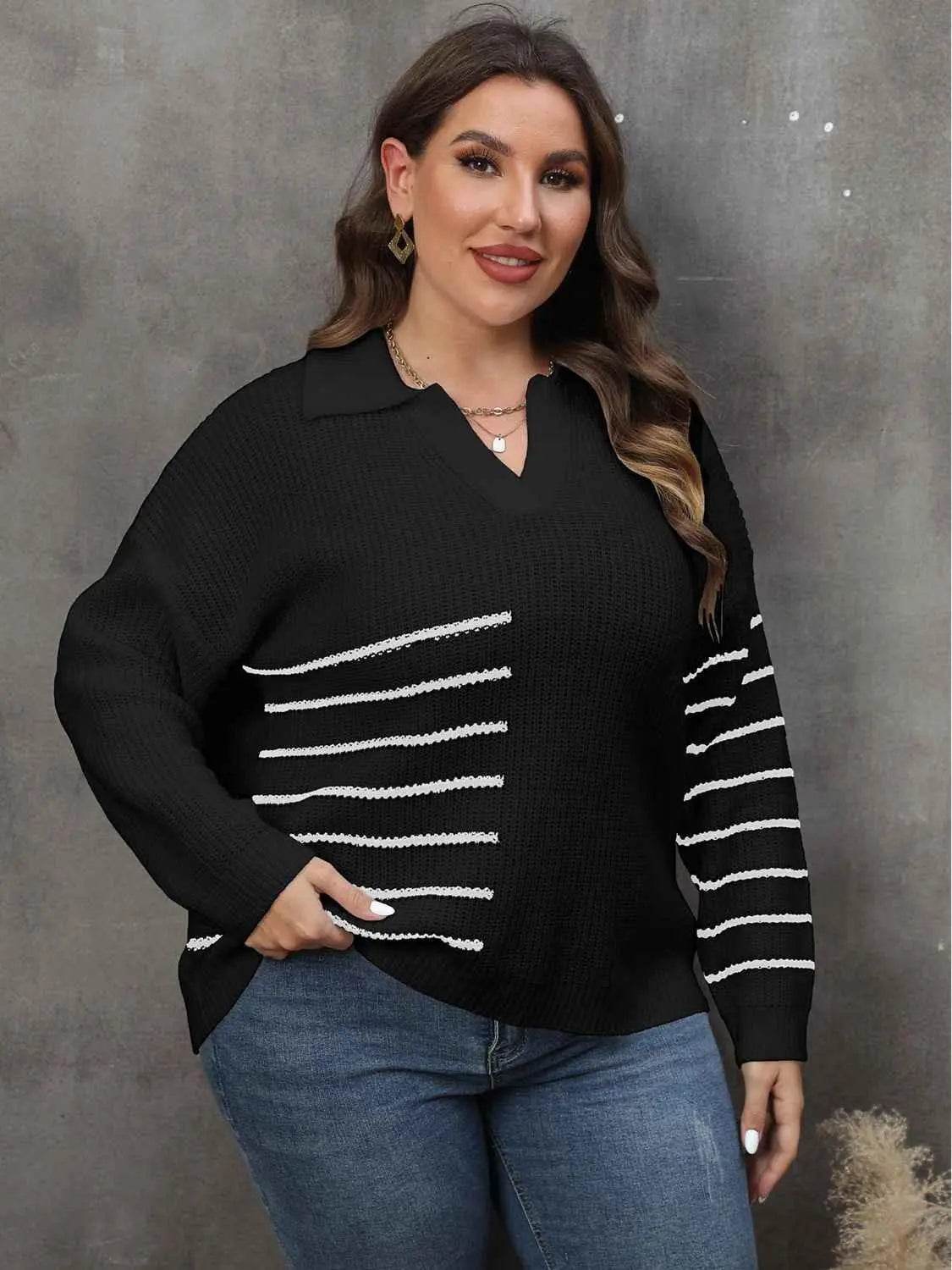 Plus Size Striped V-Neck Sweater - GiFTiFY
