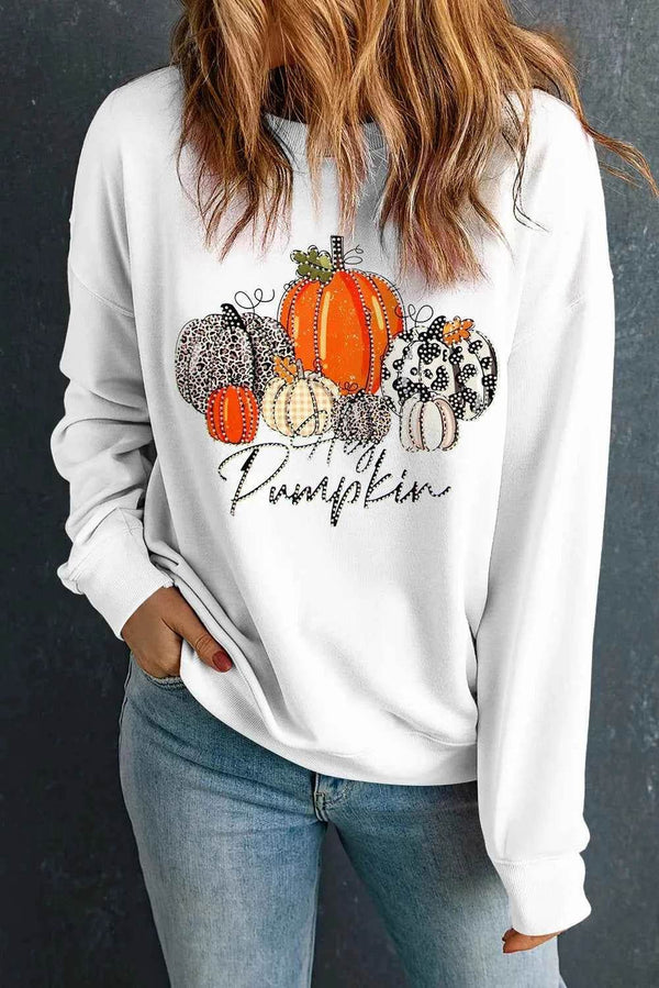 Pumpkin Graphic Round Neck Dropped Shoulder Sweatshirt - GiFTiFY
