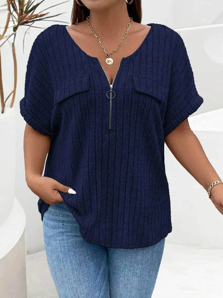 Plus Size Ribbed Half Zip Relaxed Fit T-Shirt - GiFTiFY