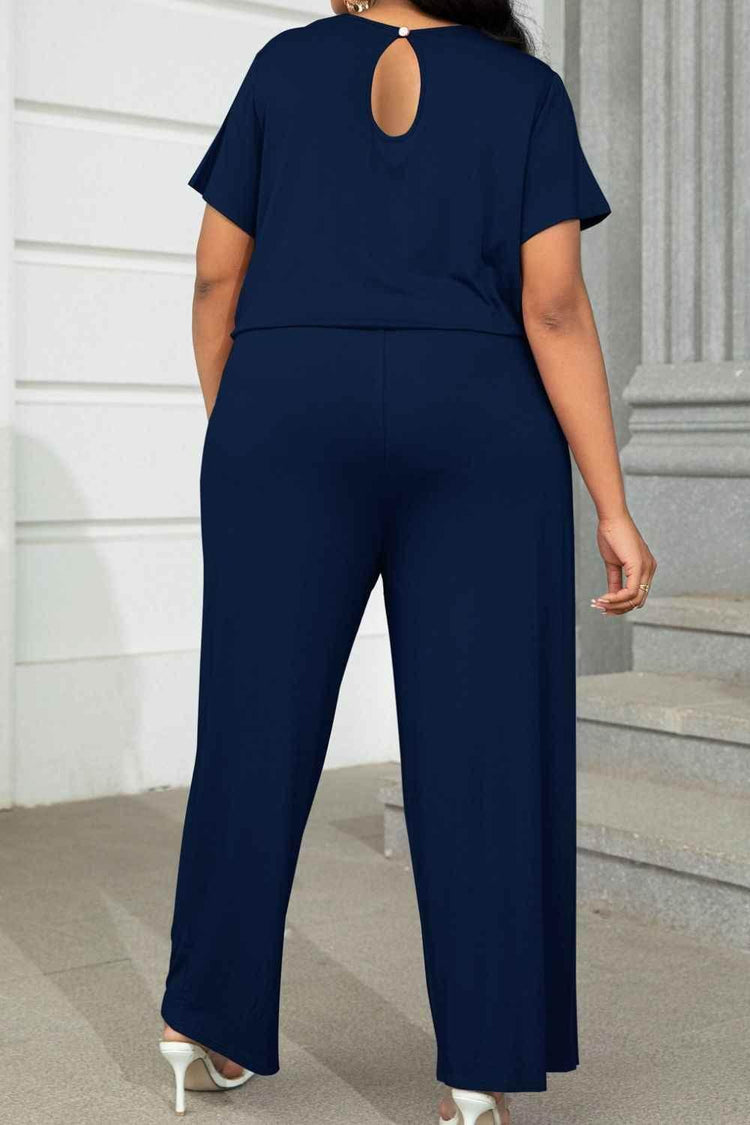 Plus Size Drawstring Waist Short Sleeve Jumpsuit - GiFTiFY