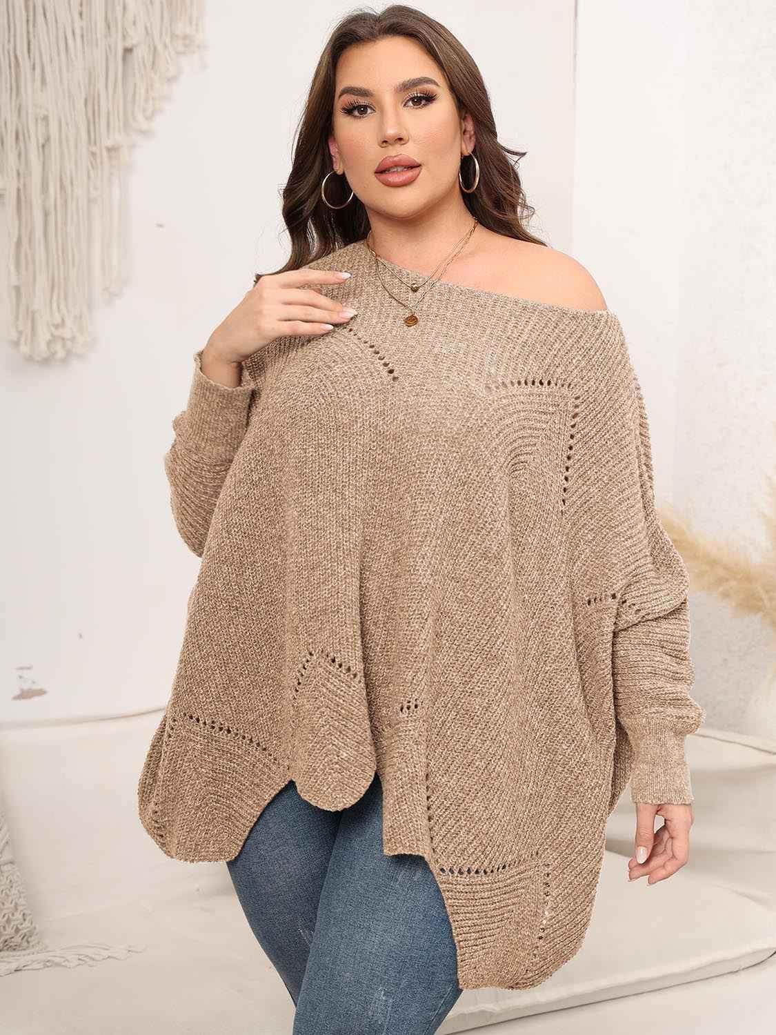 Plus Size Round Neck Batwing Sleeve Sweater - GiFTiFY