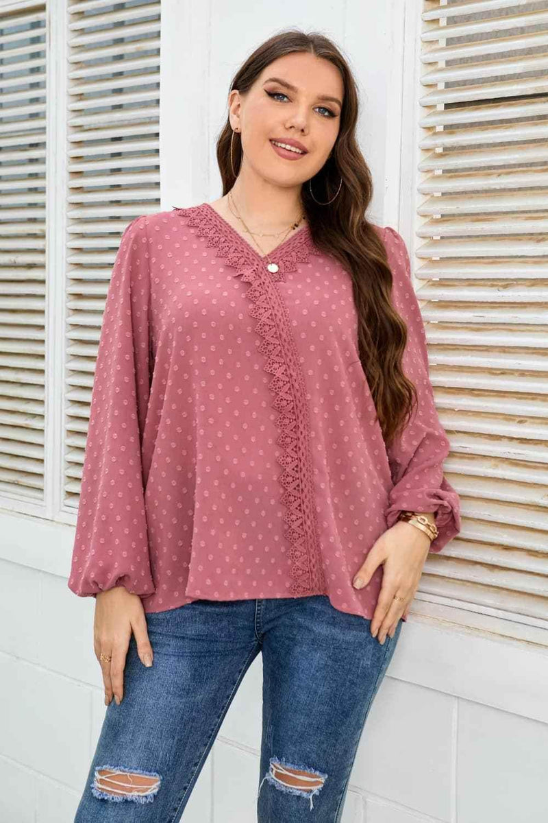 Honey Melo Apparel Plus Size Lace Trim V-Neck Balloon Sleeve Blouse women Attire by Trendsi