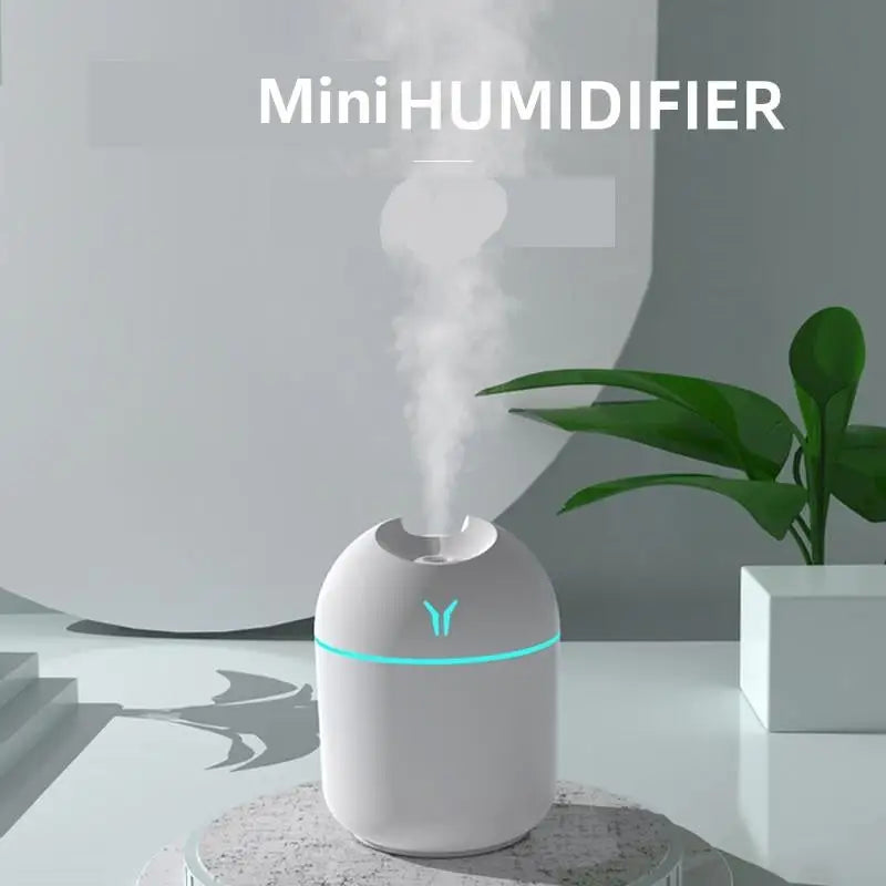 250ML USB Mini Air Humidifier with mist output and LED color lamp on a modern surface.