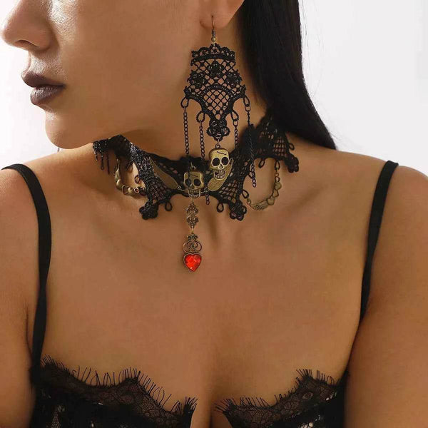 Halloween Lace Skull Necklace and Earrings Jewelry Set - GiFTiFY