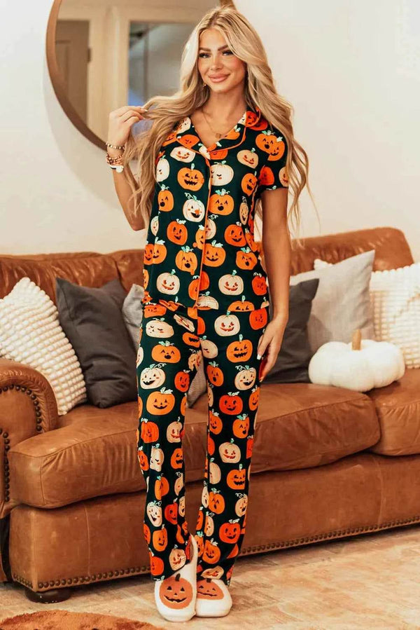 Pumpkin Printed Short Sleeve Top and Pants Lounge Set - GiFTiFY