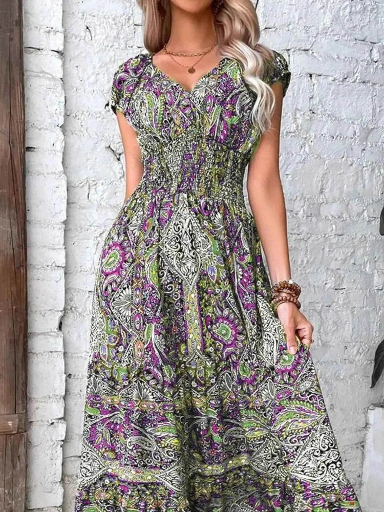 Plus Size Printed V-Neck Short Sleeve Midi Dress women Attire by Trendsi