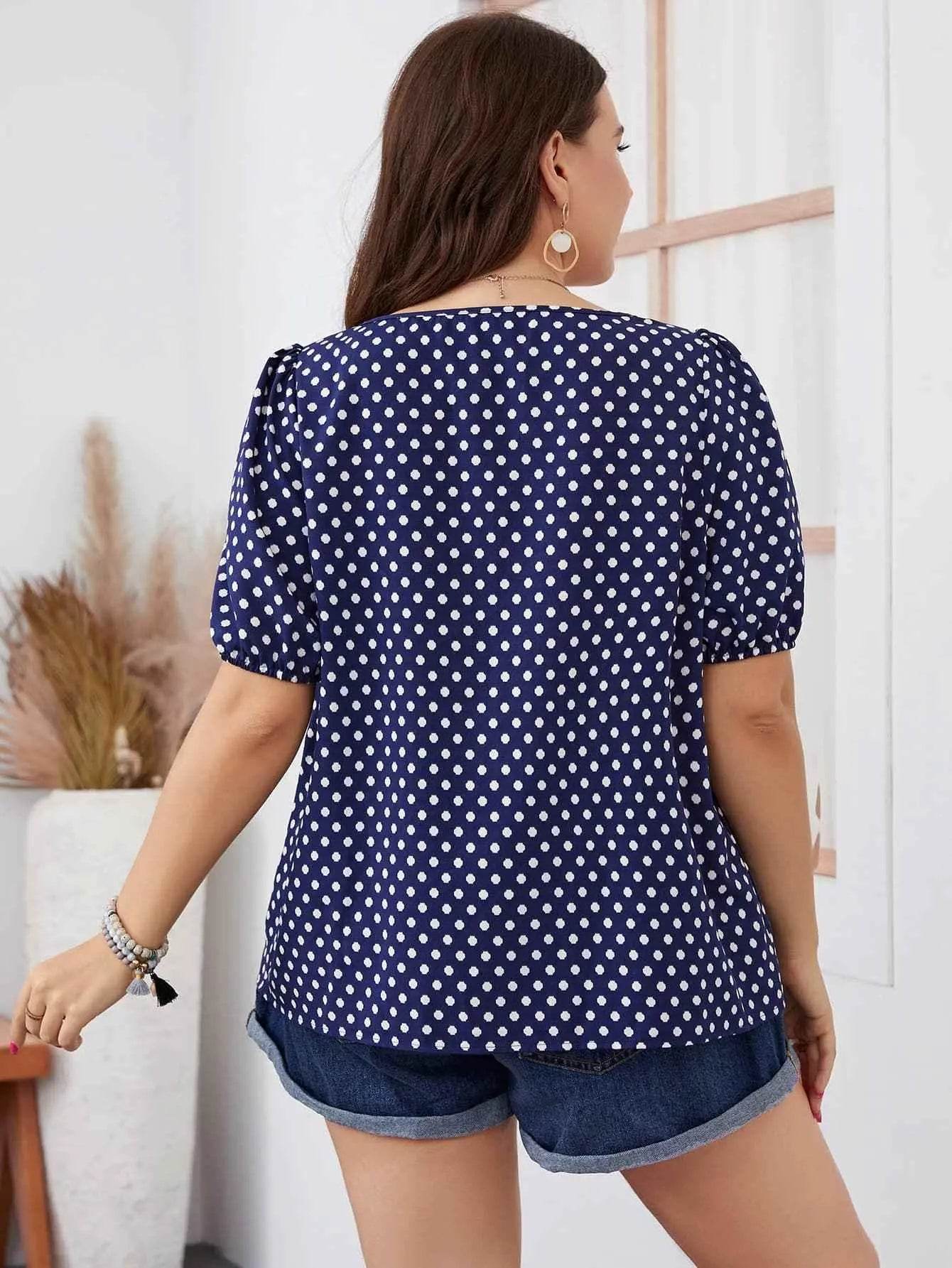 Honey Plus Size Polka Dot Square Neck Blouse - GiFTiFY