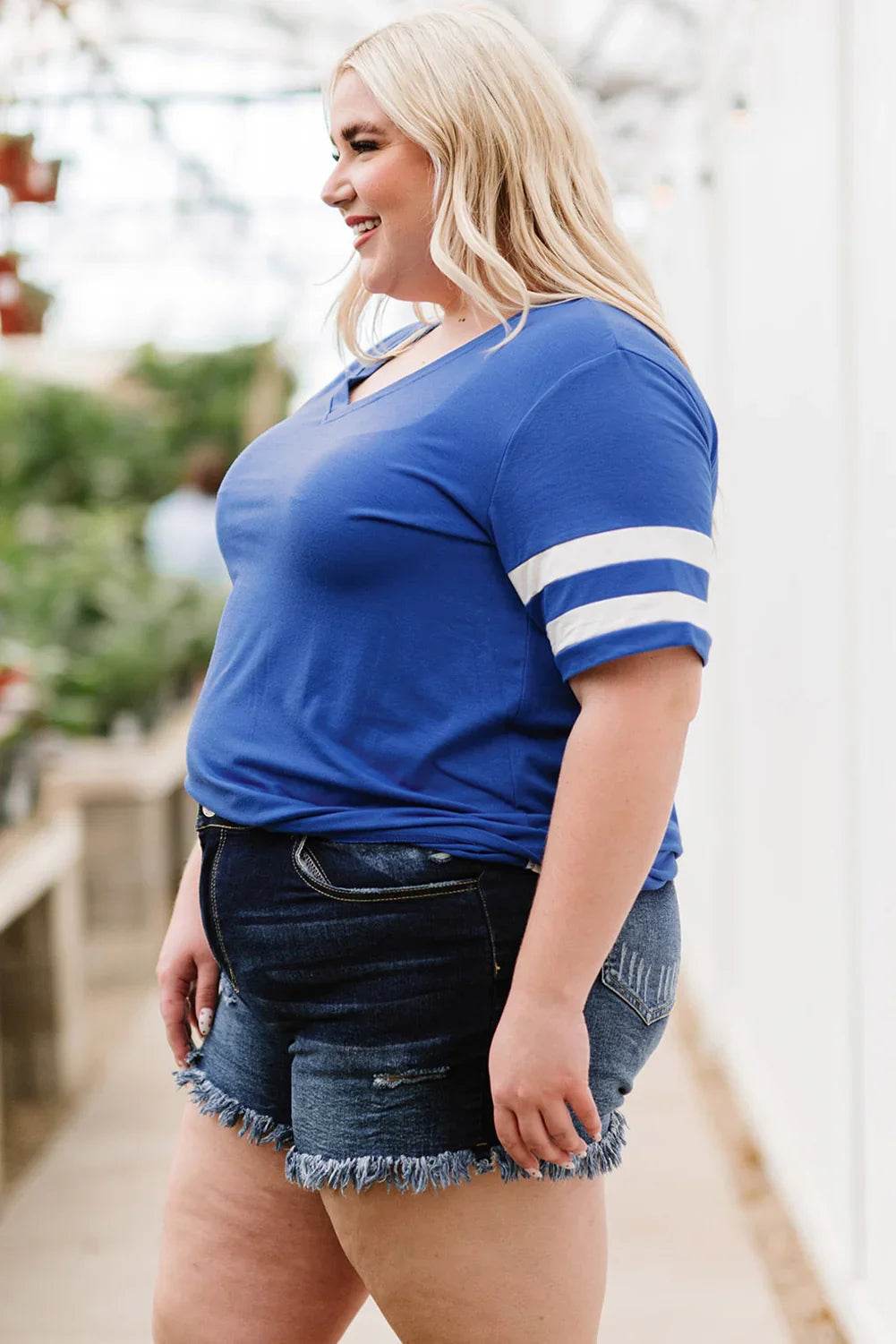Plus Size Striped V-Neck Tee Shirt - GiFTiFY