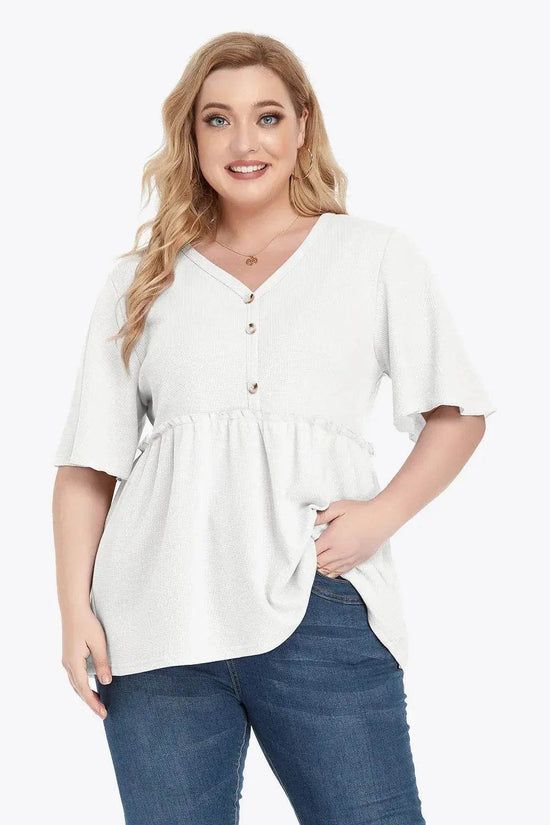 Plus Size Buttoned V-Neck Frill Trim Babydoll Blouse - GiFTiFY