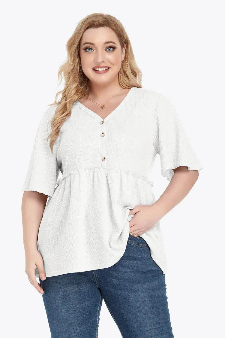 Plus Size Buttoned V-Neck Frill Trim Babydoll Blouse - GiFTiFY