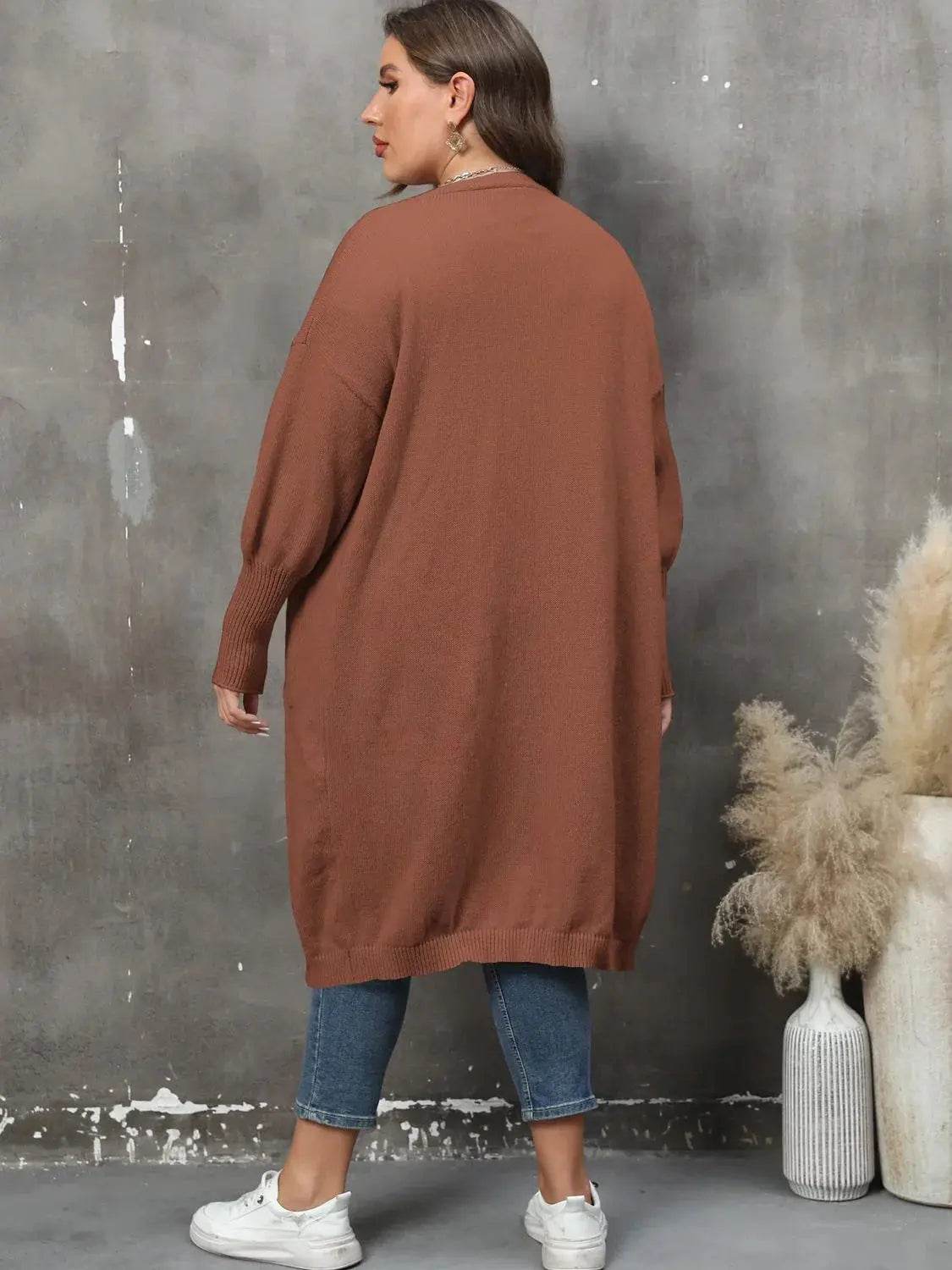 Plus Size Long Sleeve Pocketed Cardigan - GiFTiFY