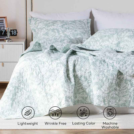 Kasentex Lightweight Botanical Green Floral Quilt Set - Light All Season Bedding, Room Decor, Graduation Gifts