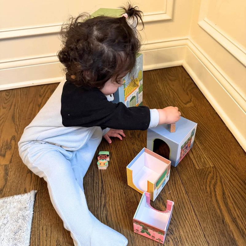 Stacking Houses (Set of 5 Houses and 3 Hardwood Characters) by Lala + Mo