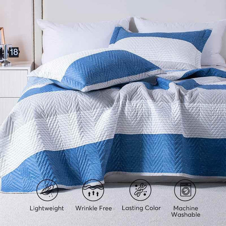 Kasentex Lightweight Reversible Stripe Quilt Set Bedding- Sky Blue and Ivory White, Room Decor, Graduation Gifts, Father&