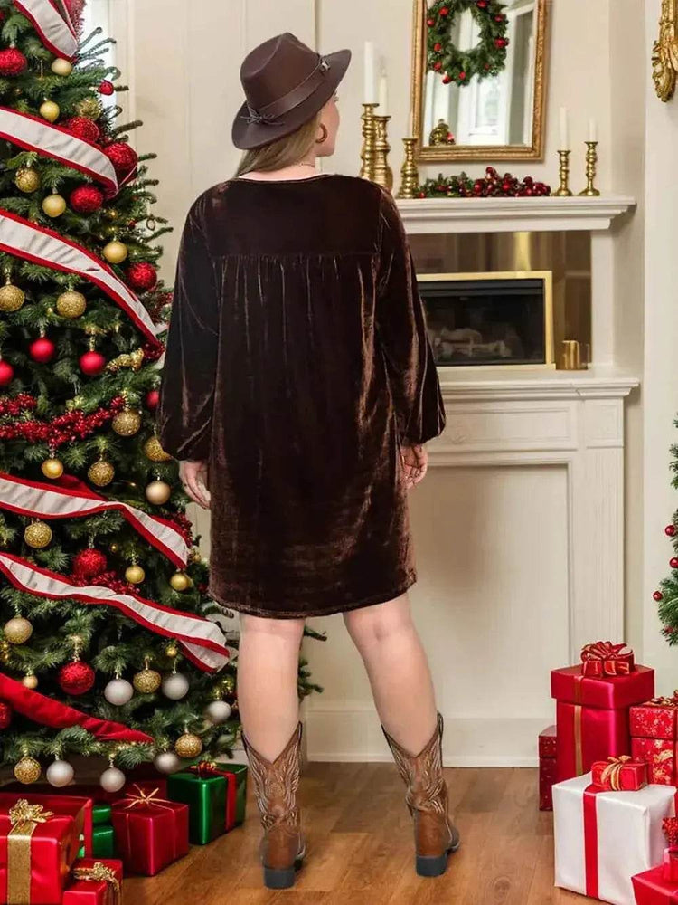 Plus Size V-Neck Balloon Sleeves Dress - GiFTiFY